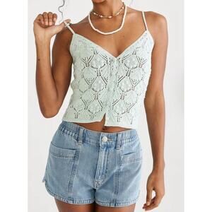 Aeropostale Tank Top Women's Crocheted Button-Front Cropped V-Neck Large Ivory